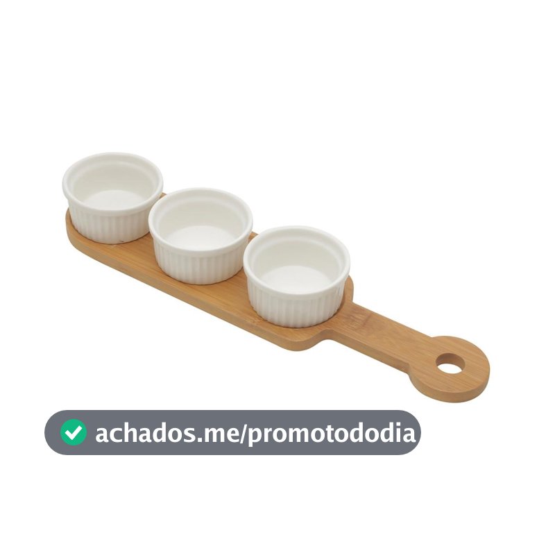 3 Petisqueiras com Bandeja Wolff de Bambu 33cm x 8cm x 4cm