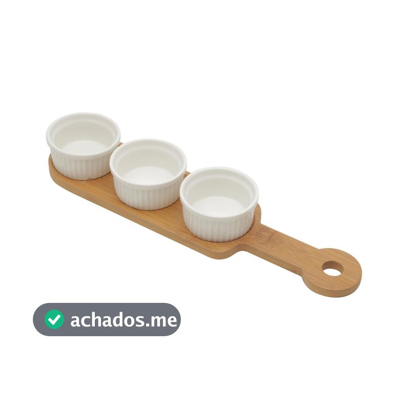 3 Petisqueiras com Bandeja Wolff de Bambu 33cm x 8cm x 4cm