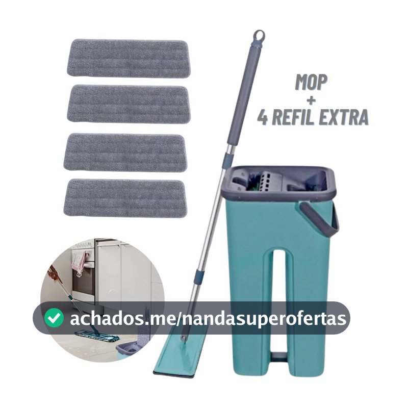 Mop Flat Esfregão Com Balde Rodo Mágico Lava Seca Tira Pó + 4 Refil