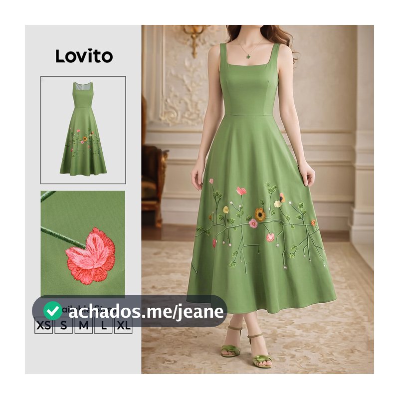 (New Arrival) Lovito Vestido Boho Retrô Com Zíper Elegante Vestido Verde Para Primavera/verão Feminino DRB201P1D485