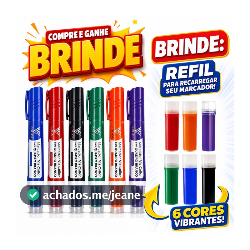 Kit 6 Pincel Marcador Canetão de Quadro Branco Lousa  + 6 Recargas Extras - Não Mancha
