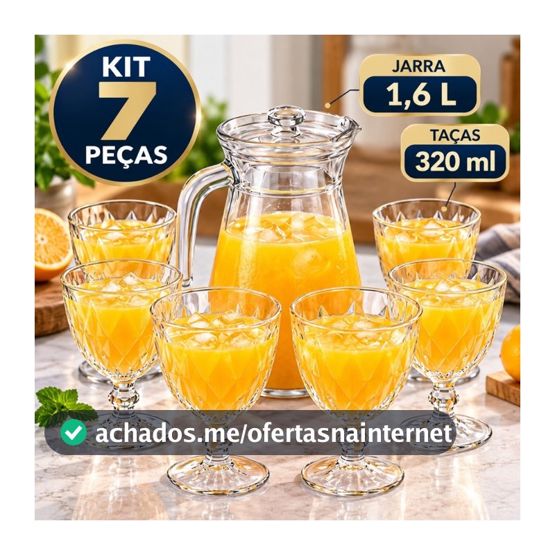 Kit Jarra de Vidro 1,6L com Tampa e 6 Taças Diamond 320ml Conjunto 7 Peças