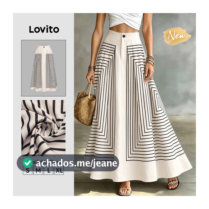 (New Arrival) Lovito Saias Femininas Pretas E Brancas Com Padrão Geométrico Elegante Longas E Evasê Com Zíper E Botões Geométricos Para Primavera E Verão Trabalho E Uso Casual Nos Fins De Semana SKT40BR092