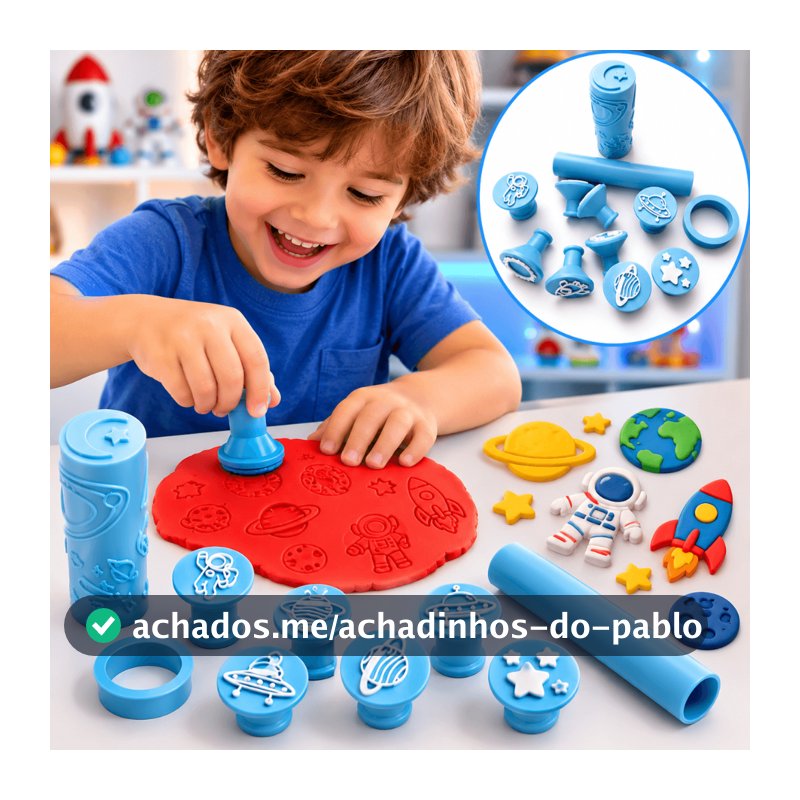 Brinquedo Kit Carimbos para Massinhas Tema Espaço + Rolo Texturizado e Cortador | Brinquedo Educativo Infantil