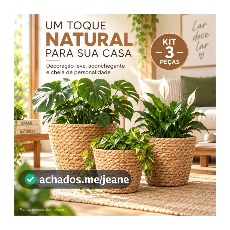 Kit Com 3 Vasos Palha Natural Jogo Trio Cachepot Fibra Natural Estilo Vime Decorativo Flores plantas