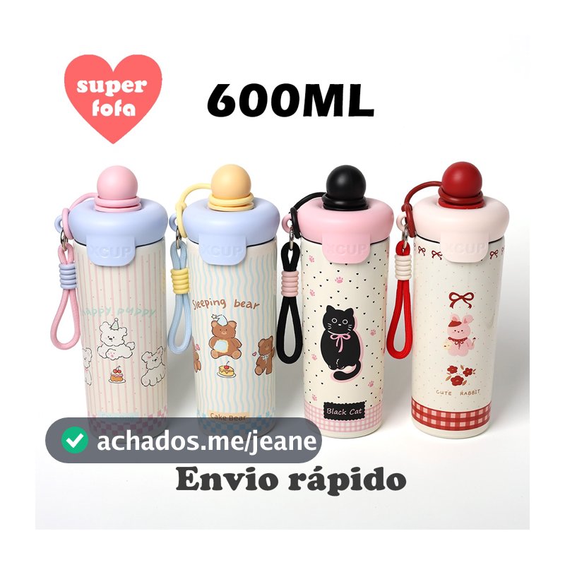 Garrafa Térmica Cup 600ml em Aço Inoxidável 316 Fofa com Canudo, Estampas Kawaii, Tampa Antivazamento, Abridor e Alça