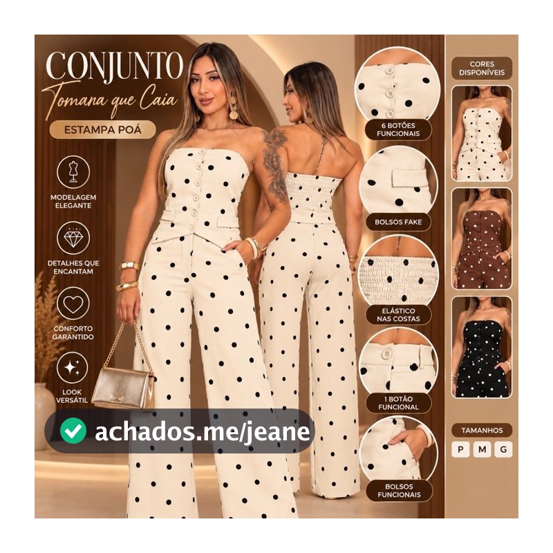 Conjunto Feminino Tomara que Caia Poá 6 Botões Calça Pantalona Elegante Moda Feminina