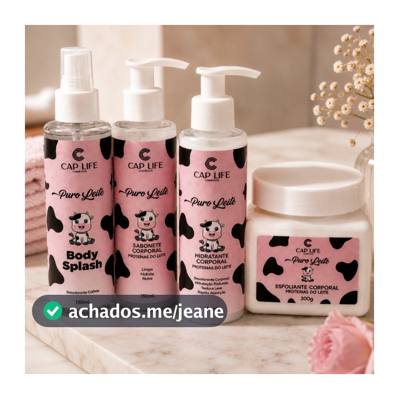Kit Puro Leite Completo Cap Life – Body Splash, Hidratante, Sabonete e Esfoliante Corporal