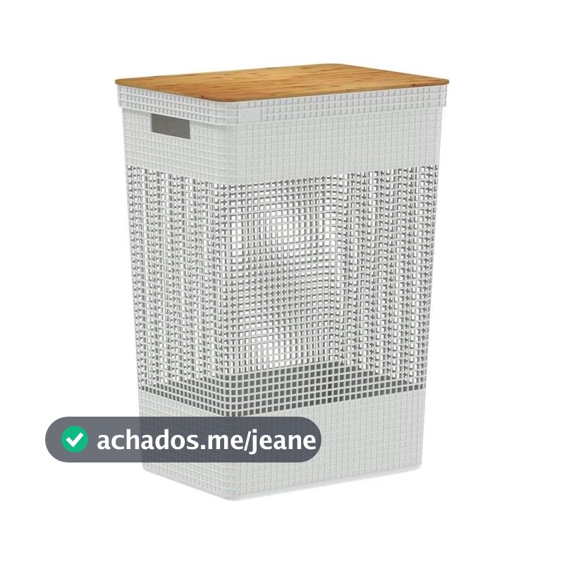 Cesto de Roupas Grid 49L Branco Oceano Tampa em Bambu OU