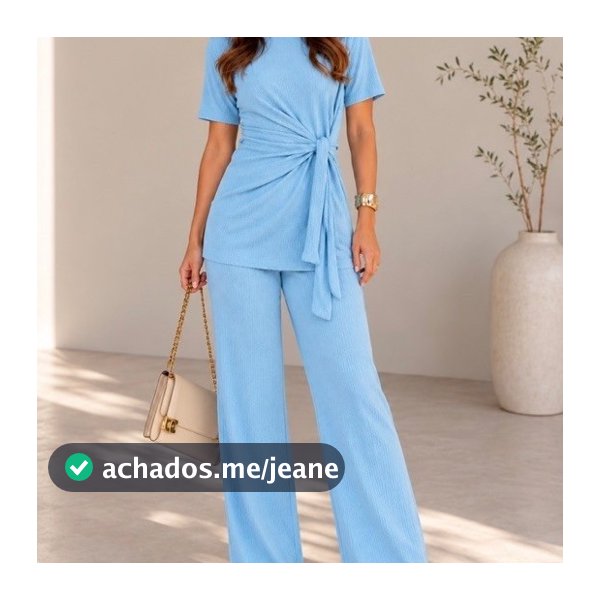 Conjunto Feminino Elegante 2 Peças Blusa com Amarração + Calça Pantalona Cintura Alta Look Social Casual
