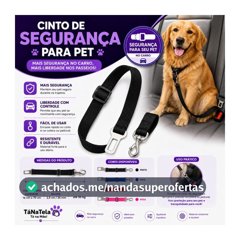 Cinto de Segurança Pet Ajustável para Carro Nylon Reforçado Cães Gatos 16 a 70cm até 35kg