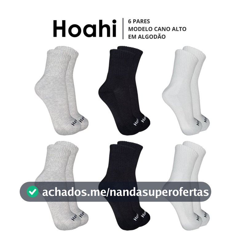 Kit 6 Pares Meias Hoahi Cano Alto Longo Esportiva Academia Algodão Promoção Original