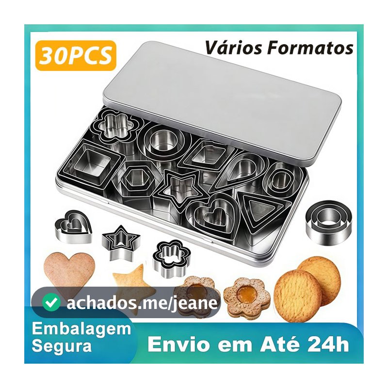 Conjunto 30 Cortadores de Biscoito Aço Inoxidável Formas Variadas Confeitaria Doces Artesanais