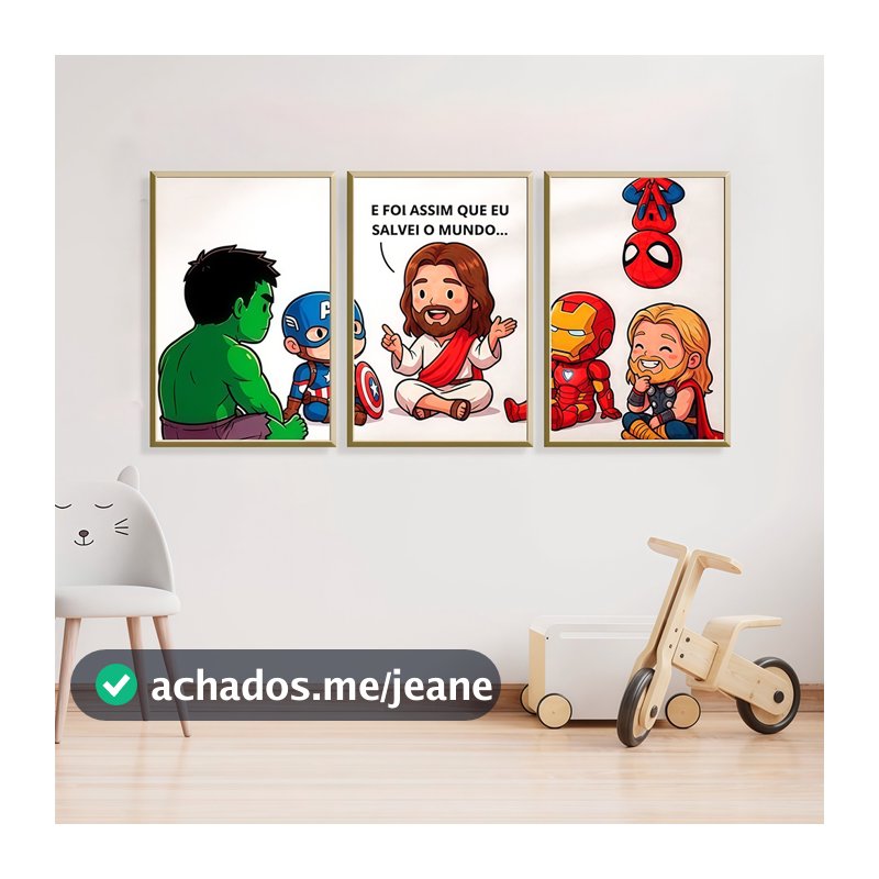 Kit 3 Quadro Decorativo Peças Jesus Nosso Salvador Herói Evangélico Quarto De Criança Decoração Casa Quarto Sala