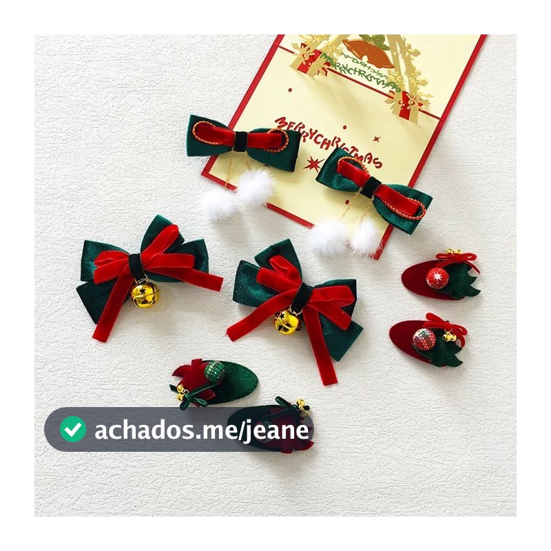 Kit Acessório De Cabelo Natalino – Presilha De Veludo Com Laço Vermelho E Verde + Sino