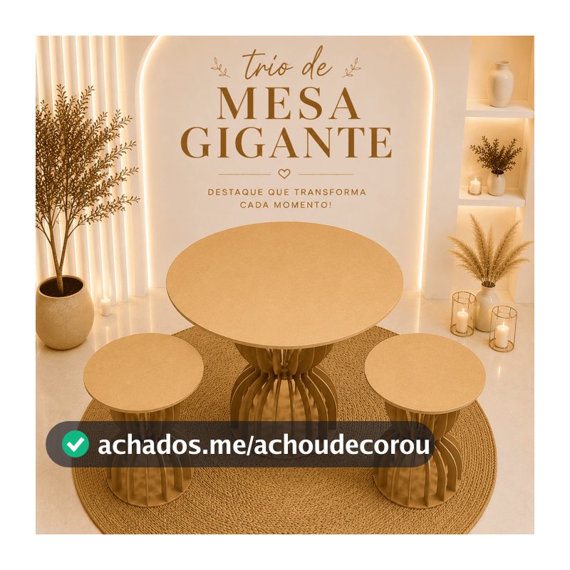 Kit Trio 3 Mesas Redonda Cilindro Ampulheta Desmontável MDF com Tampo Madeira Festas
