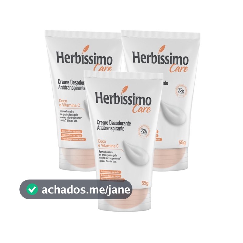 Kit Creme Desodorante Antitranspirante Herbíssimo Bisnaga Care Coco E Vitamina C 55g (3 unidades)