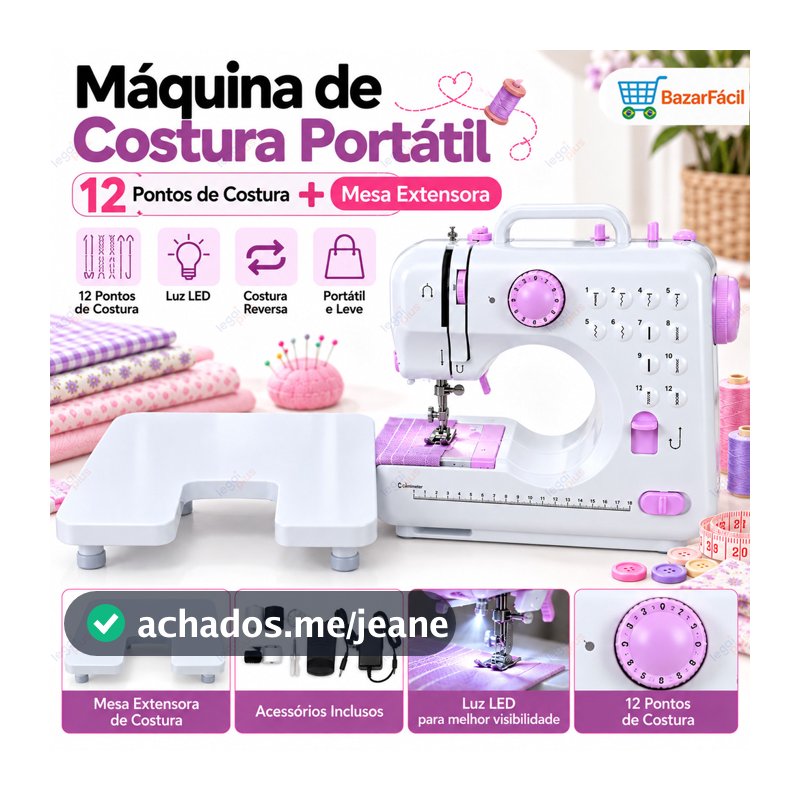 Máquina De Costura Compacta Com Mesa Extensora 12 Pontos Bivolt 110V 240V Para Reparos E Trabalhos Manuais