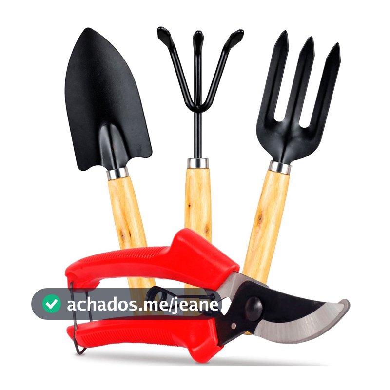 Kit Jardinagem Conjunto 4 Peças 25cm Ferramentas de Jardim Em Aço Cabo Madeira Pazinha Alicate Poda