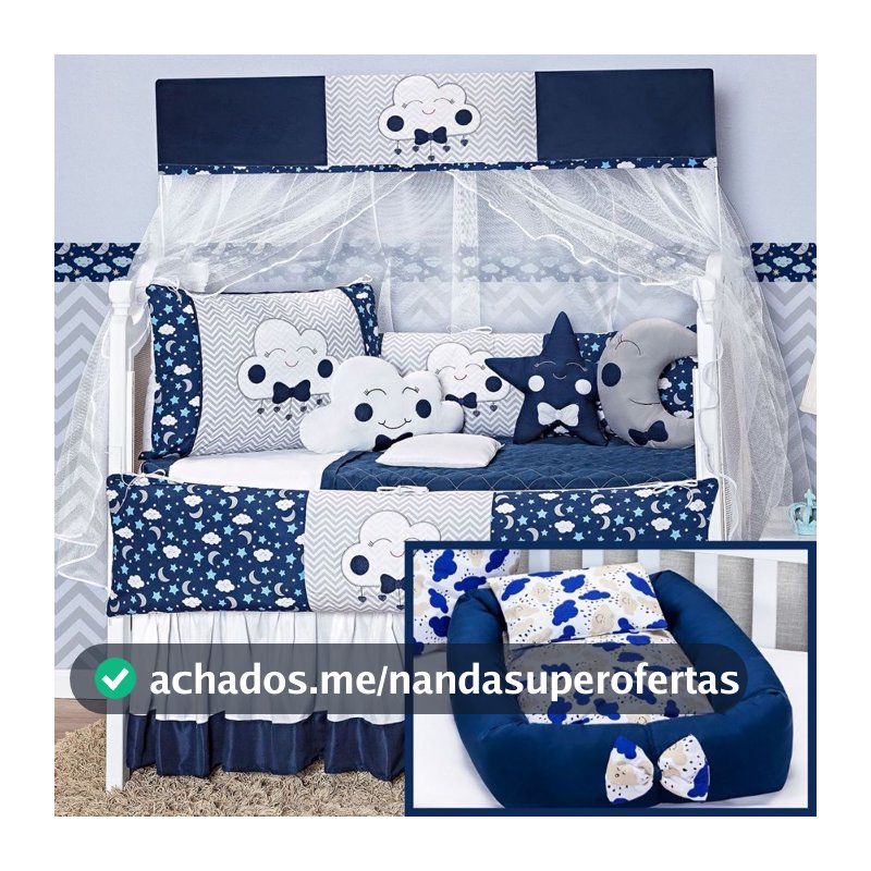 Kit Protetor Berço com Ninho Redutor Bebe Lua Nova Almofadas e Protetores 12 Peças Azul Marinho Estrela