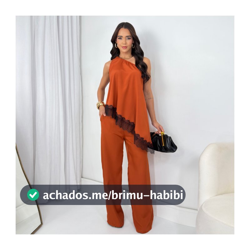 Conjunto Feminino Social Elegante Pantalona Crepe Nula Manga Ombro Só Moda Festa Premium