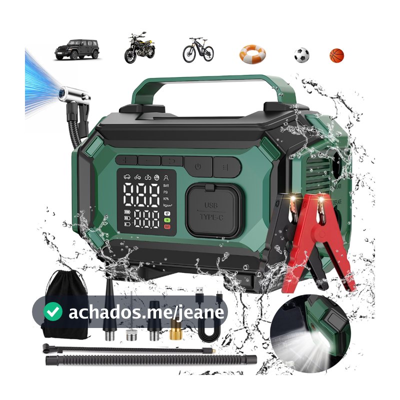 5 em 1 - Auxiliar de Partida e Compressor de Ar Portátil 12V , Lanterna LED SOS e Partida Rápida | Bomba de Ar 150PSI