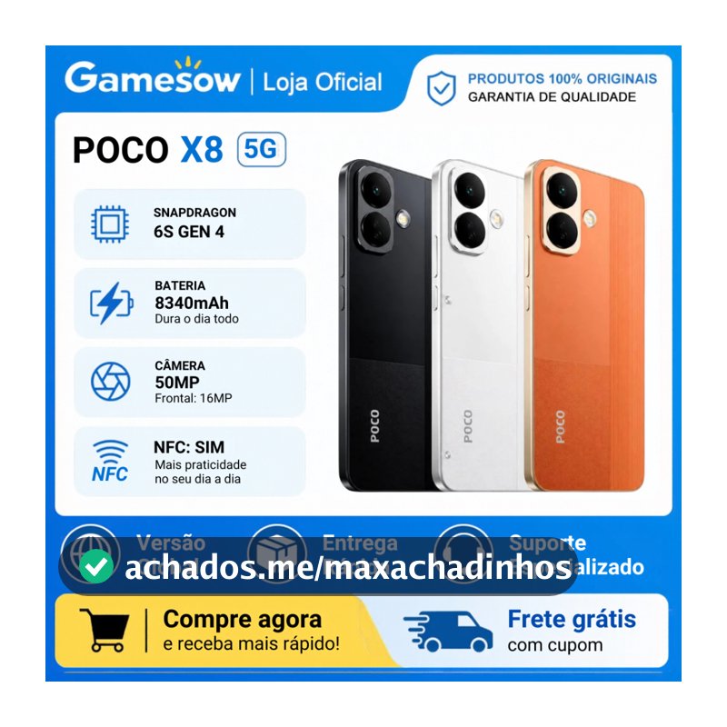 Xiaomi Poco X8 5G, Versão Global, Snapdragon® 6s 4 Gen, Bateria 8340 mAh, Câmera 50MP 256GB e 8-12GB RAM
