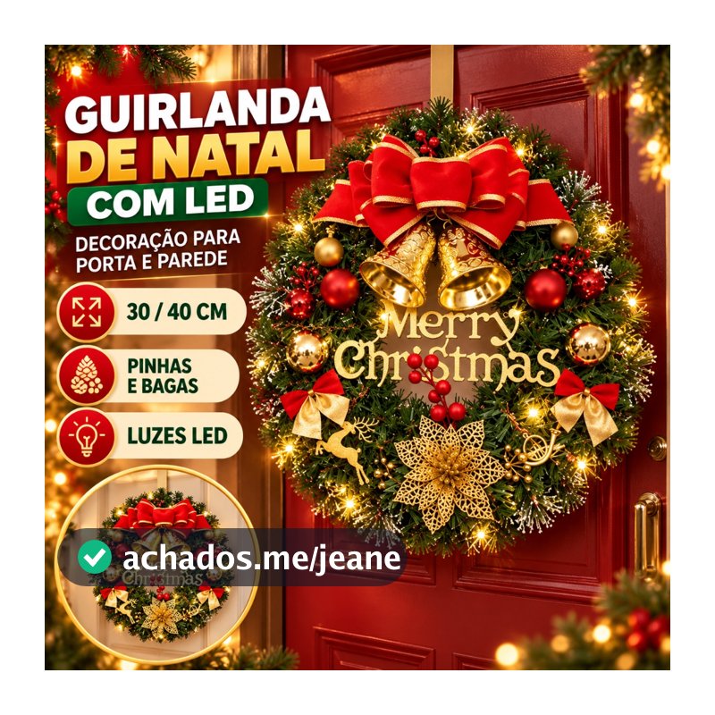 Guirlanda Natalina 40cm 30 LED Decoração para Porta com Luzes Pisca Pisca Pendurado De Natal Feliz Natal