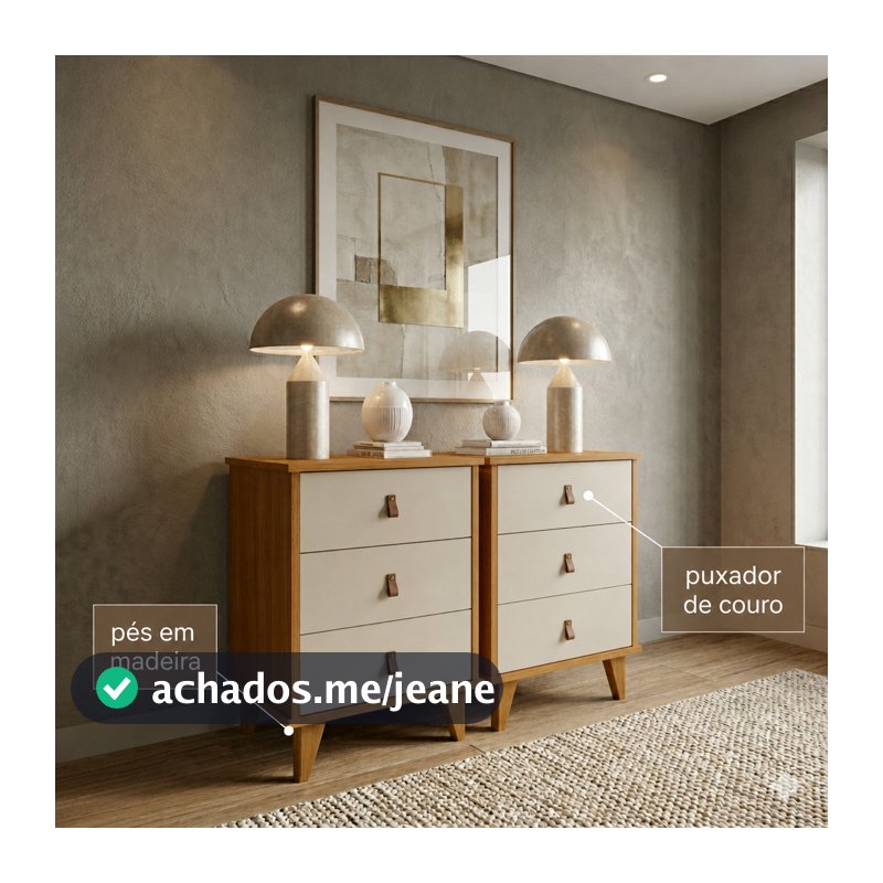 Kit Com 2 Mesas De Cabeceira 3 Gavetas Puxador Couro Pés Madeira Criado Mudo Grécia - ENVIO IMEDIATO