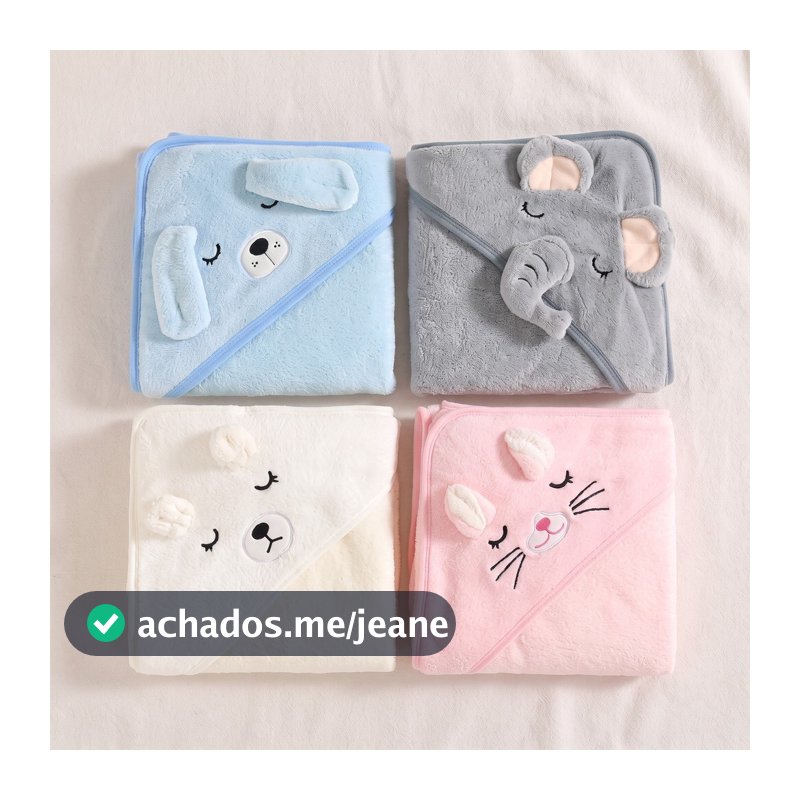 Toalha Bebê Felpuda com Capuz de Bichinho 80x80cm Macia Absorvente para Recém-Nascido e Criança