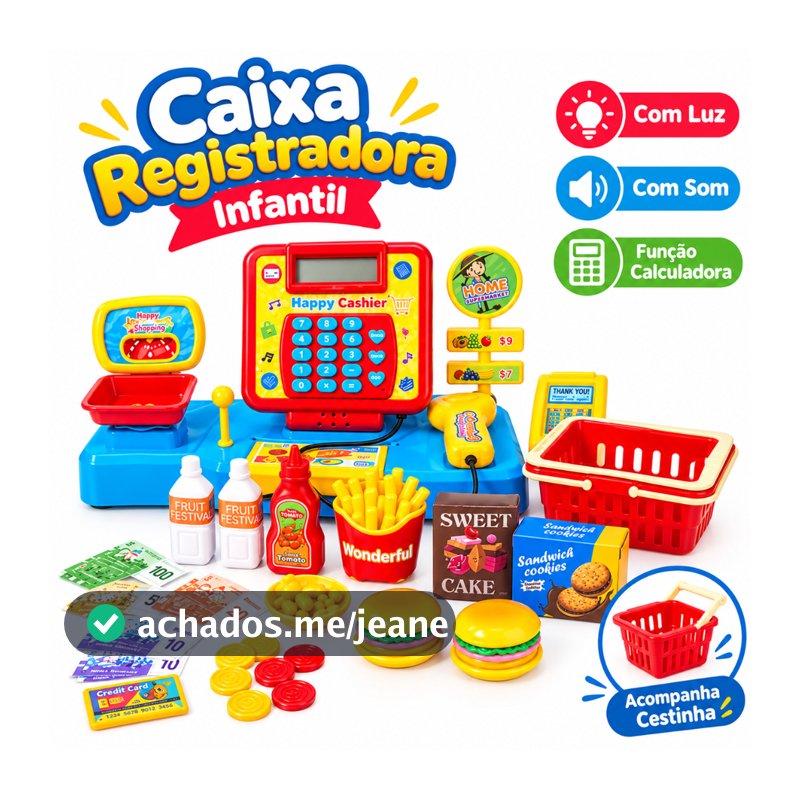 Kit Caixa Registradora Rosa C/ Acessórios E Scanner Interativo Luz e Som