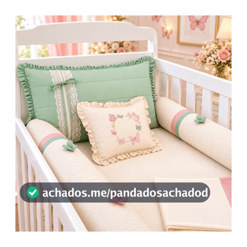 Kit Berço Luxo Linho  Americano Borboleta Jardim Encantado Menina  Enxoval de Bebê 100% Algodão 6Pçs