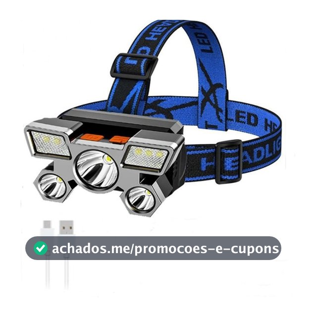 Lanterna de Cabeça 5 Led Luz Forte  À Prova D 'Água USB Recarregável 4 Modos