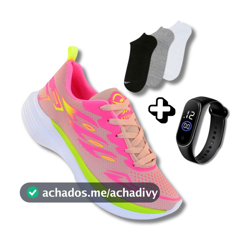 Tênis Esportivo Feminino + Meia + Relógio | Ideal Para Caminhada ou Academia