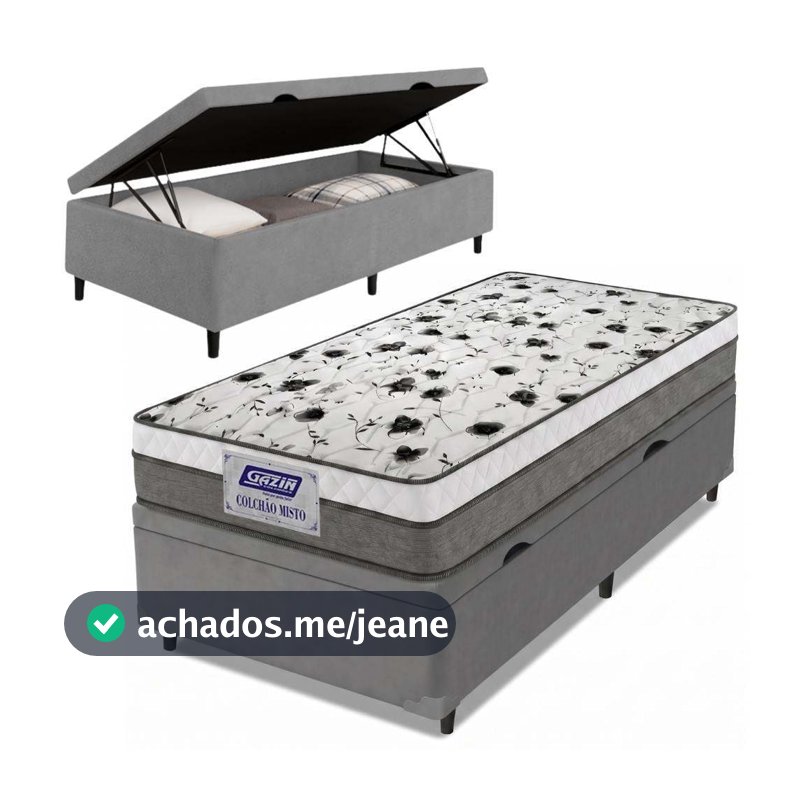 Cama Box Baú Solteiro Colchão Espuma D33 Fort 88x188x62cm Cinza / Branco Gazin  - Suporta até 150kg por Pessoa
