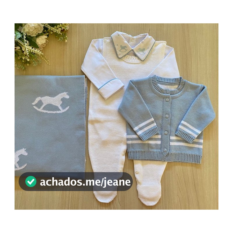 Saída de maternidade de menino azul trico 4 peças cavalinho
