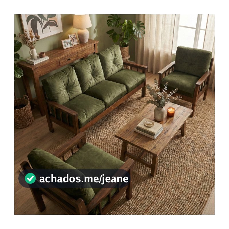 Sofá 3 Lugares + 2 Poltronas Madeira Maciça Veludo Sala