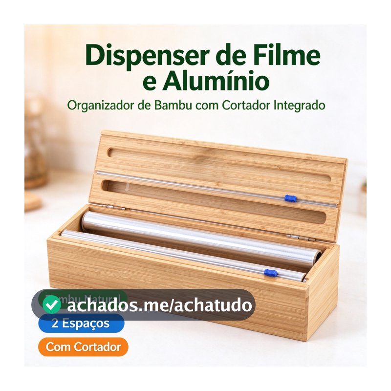 Porta Rolo Duplo Organizador Bambu Papel Alumínio Filme PVC Cortador Dispenser Cozinha Suporte
