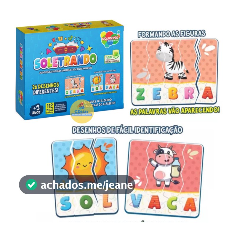 Quebra cabeça Soletrando 112 peças em Madeira MDF Brinquedo Educativo e Pedagógico Alfabetização