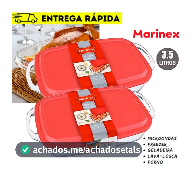 Assadeira Formas de Vidro Com Alça Pegador Tampa Marinex Seletta Retangular 3,5l Grande - 2 Peças