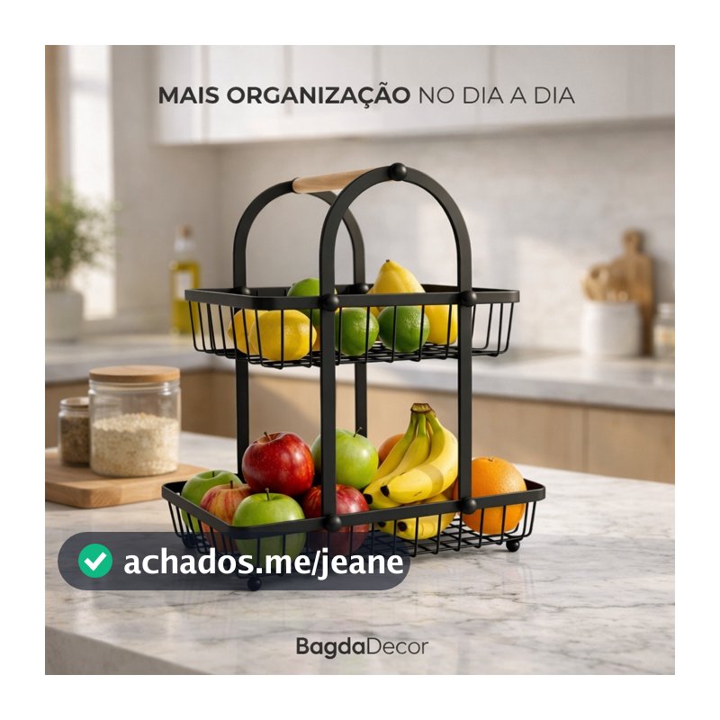 Fruteira 2 Andares Ferro e Madeira Organizador Premium para Bancada de Cozinha Moderna Luxo