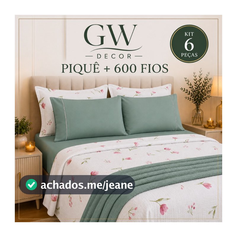 Kit 6 Peças Piquê + 600 Fios Casal Queen King Lençol Floral Cama Posta Premium
