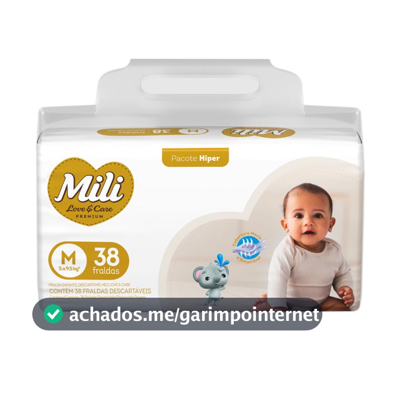 Fralda Infantil Mili Love e Care Premium Hiper Tamanho M com 38 Unidades Descartáveis