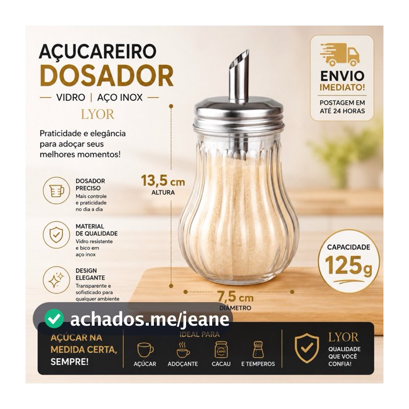 Pote Açucareiro de Vidro Porta Açucar Tampa Lyor Vedante Inox Servir mesa cafe bar restaurante