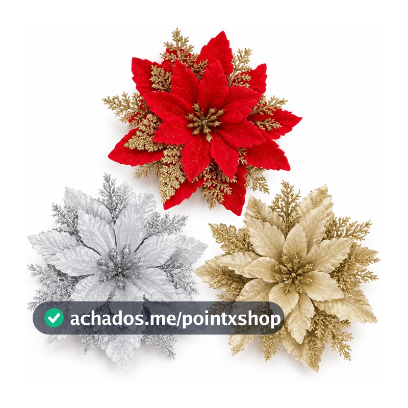 Kit Flor de Natal Poinsettia 16cm com Glitter Enfeite Decorativo para Árvore Guirlanda Luxo Brilhante