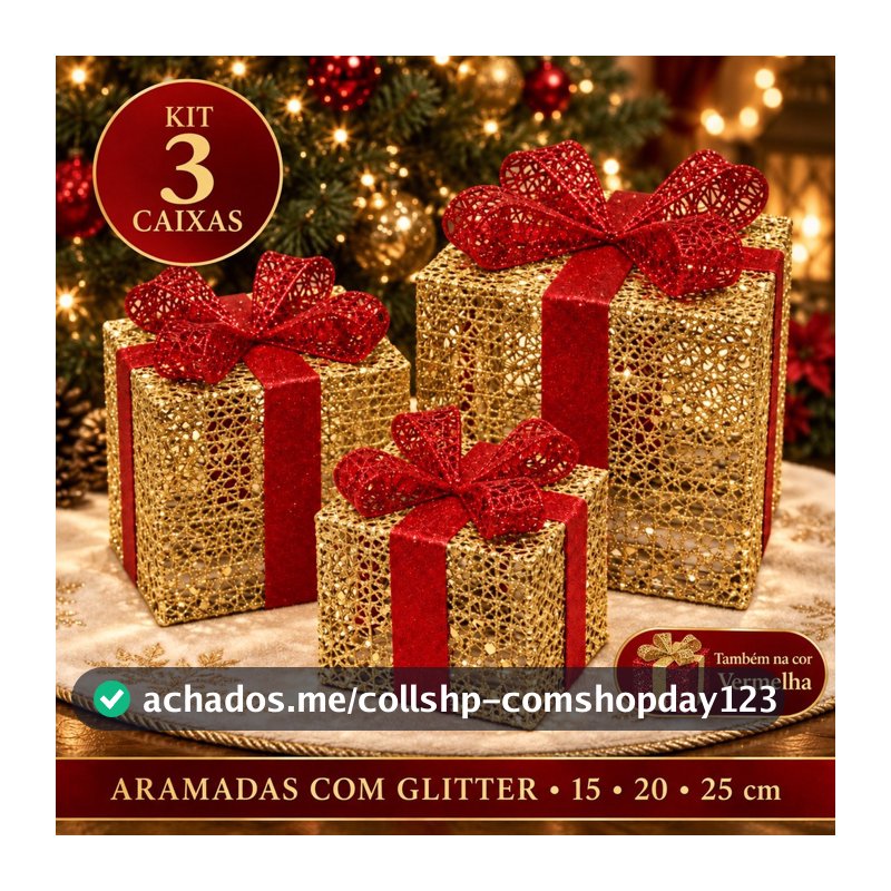 Caixas Presente Decorativas Natal Kit 3 Enfeites Árvore de Natal Glitter Laço Aramada Vermelha