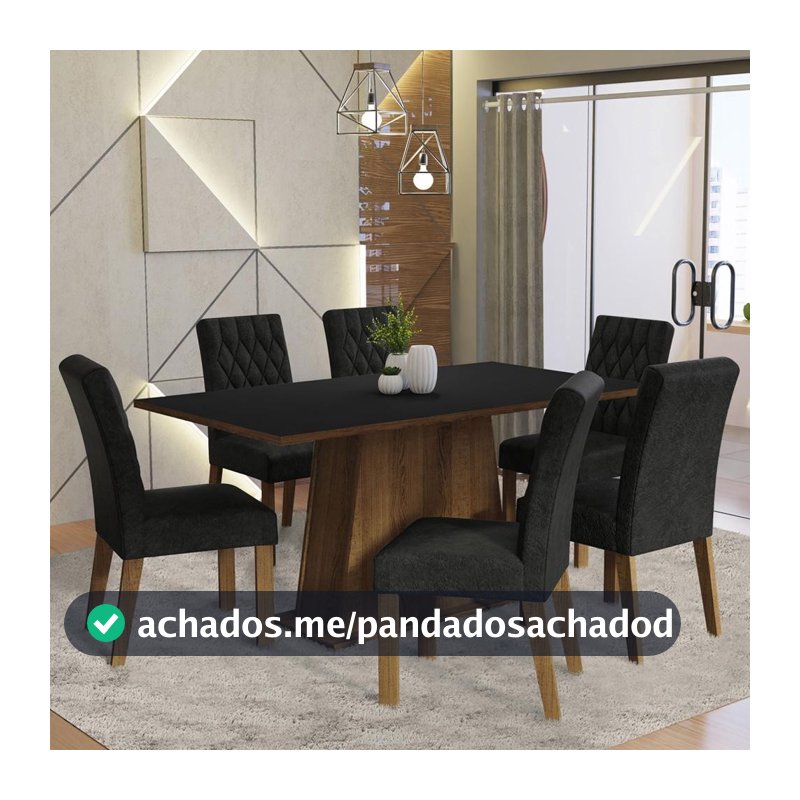 Conjunto Sala de Jantar Mesa Tampo de Madeira 6 Cadeiras Rustic/Preto/Oxford Britney Madesa