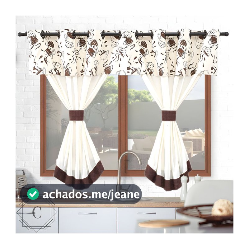 Cortina Moderna Cozinha Janela Casa  2,00m X 1,20m Para Varão Simples Estampado cafe marrom bege