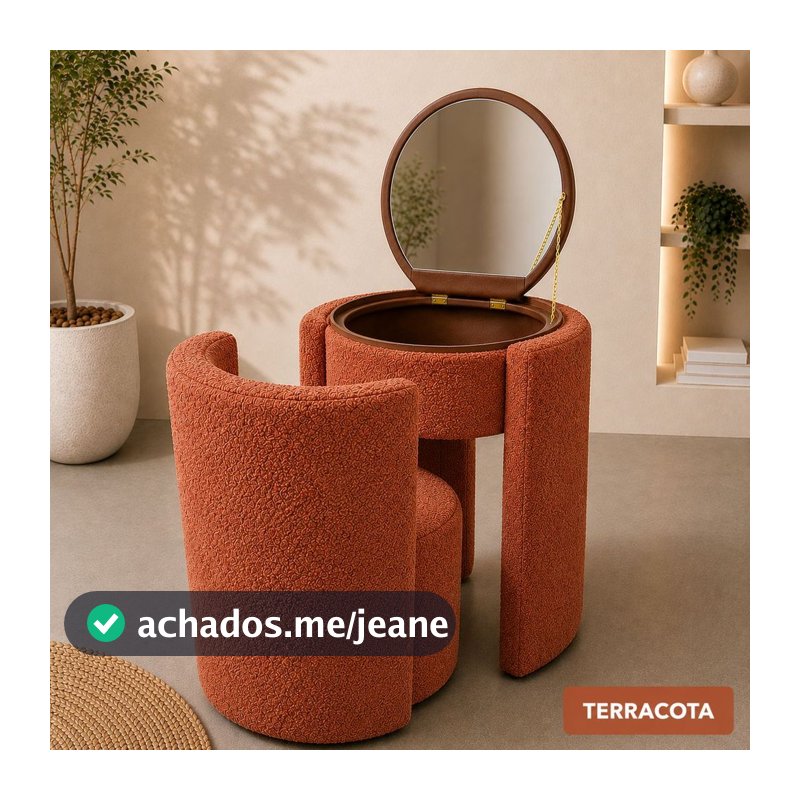 Puff Poltrona Penteadeira Luxo Espelho e Organizador de Maquiagem – Banco Decorativo Moderno para Quarto e Closet