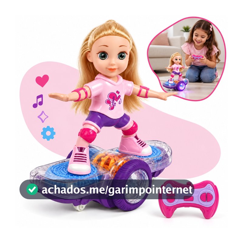 Boneca Motorizada Skate Controle Remoto Menina Skatista Com Luz E Som Infantil Divertido Kizumba
